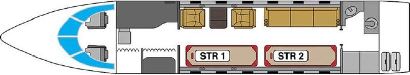 Bombardier Challenger 604 cabin floor plan showing a two-stretcher ICU configuration
