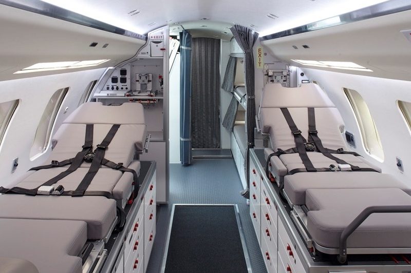 Bombardier Challenger 650 cabin fitted with medical stretchers in an intensive-care configuration