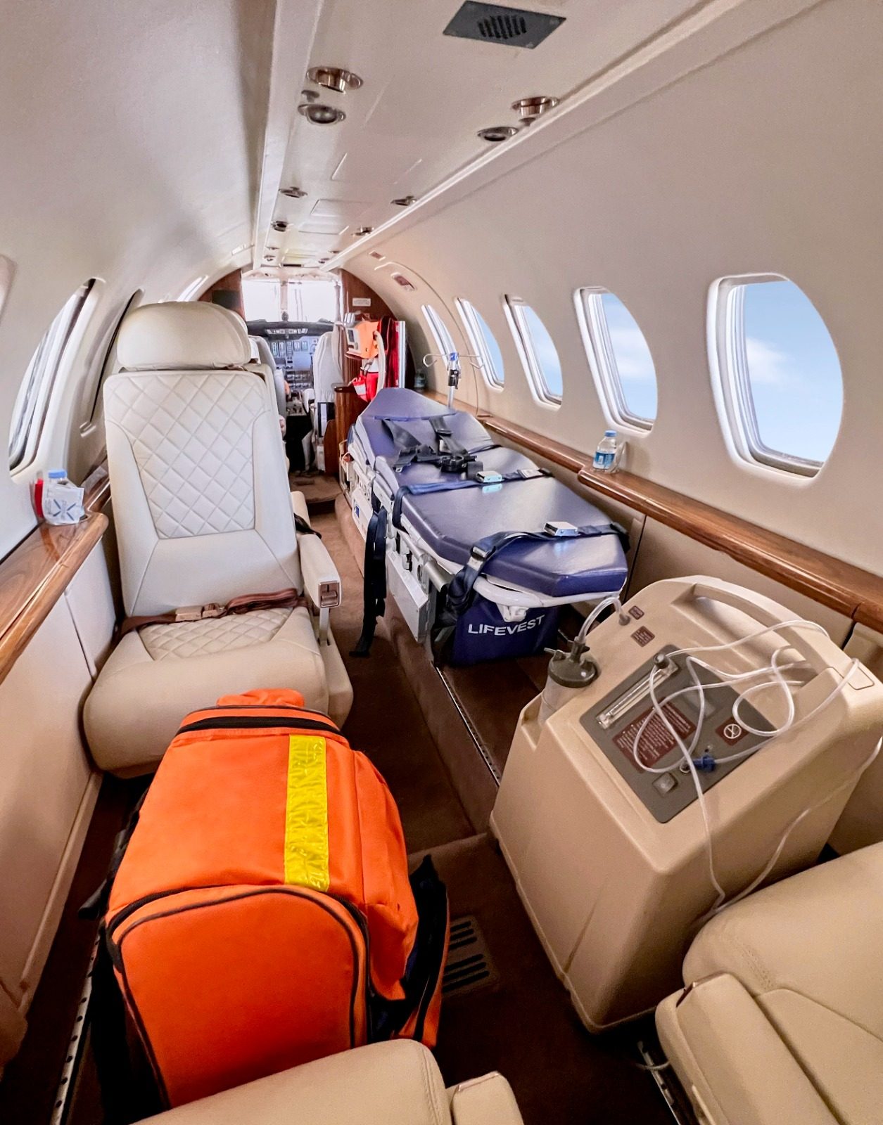 Cessna Citation V cabin fitted with a medical stretcher for patient transport
