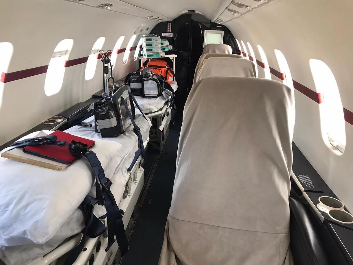 Learjet 45XR cabin interior fitted with medical stretcher and monitoring equipment