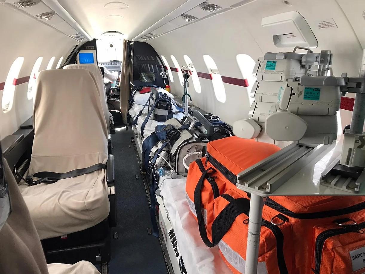 Learjet 45XR cabin interior showing the stretcher-loading system and medical seating