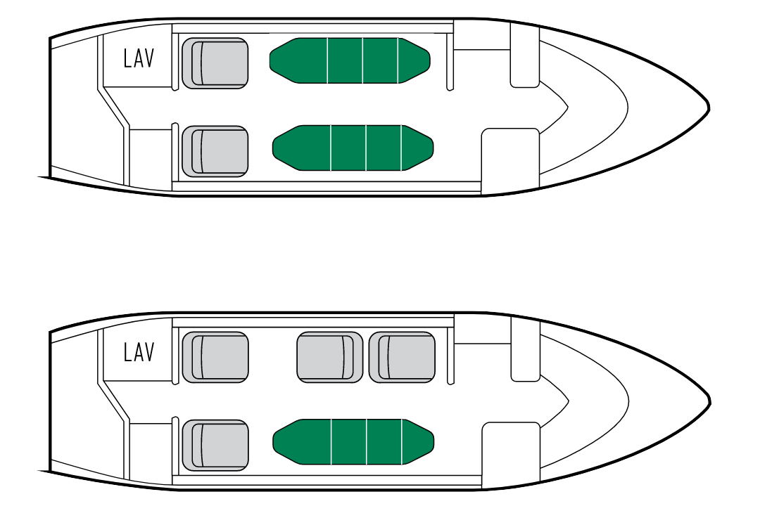 Learjet 60 cabin floor plan showing single- and dual-stretcher medical configurations