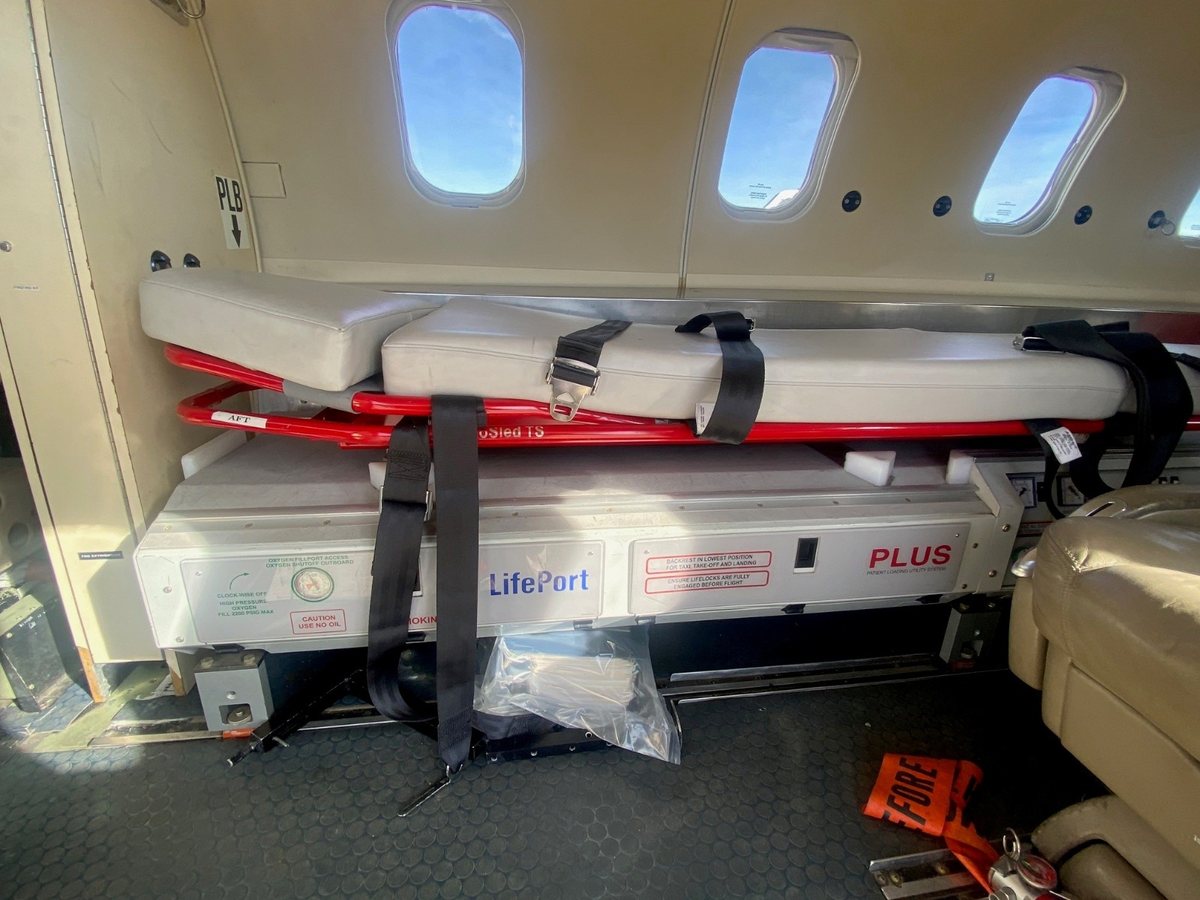 Ambulance Flight fleet equipment prepared for a mission, illustrating a medical repatriation from Greece